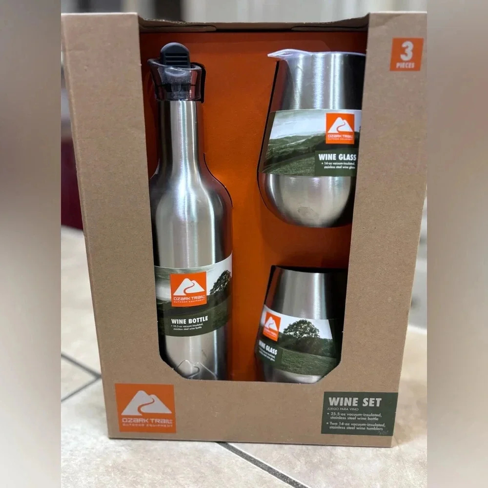Ozark Trail 3 Piece Stainless Steel Wine Bottle & Wine Glasses Gift Set Picnic